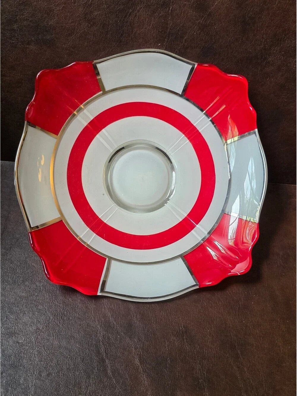 1930s Art Deco Indiana Moderne Classic Red & White Enamel, Platinum Ftd Bowl